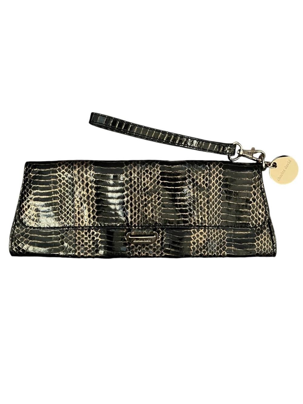 Charles David Snakeskin Leather Clutch Wristlet Black Gold Vintage